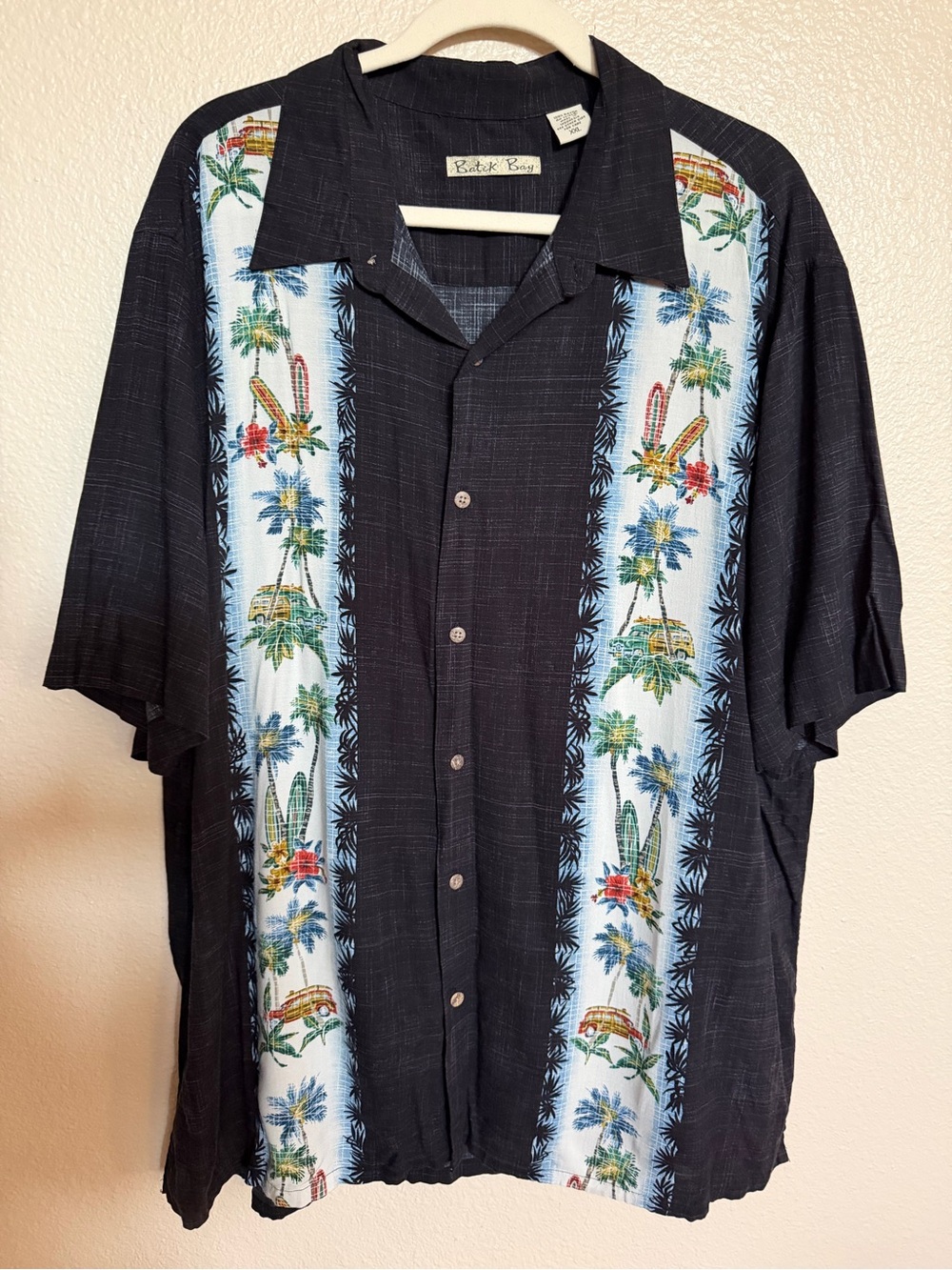 VTG Batik Bay Hawaiian Camp Shirt Men’s XXL Rayon Surfboards Palm Tree Button Up